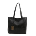 Classic black crocodile pattern tote bag with large capacity and gold metal tag detail - Black
