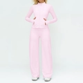 Three-piece yoga set with long sleeve jacket and wide leg pants in soft sakura pink - S / Top And Bottom / Sakura Pink