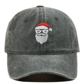 Close-up of Santa Claus embroidery on a washed grey vintage cotton baseball cap - Adjustable / Army Green
