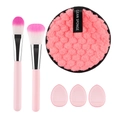 Pink 6-piece makeup tool set with foundation brushes, beauty blenders, and cleaning sponge - Makeup Brush and Powder Puff Set (2 Brushes + 3 Puffs + 1 Sponge)