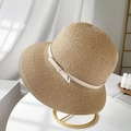 Japanese style woven straw sun hat for women with a delicate bow on a gold stand - M(56-58cm) / Khaki