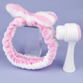 Two-in-one silicone facial cleansing brush and pink striped bow headband set - Stripe Pink (Headband + Brush)
