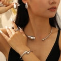 Polished silver teardrop jewelry set featuring necklace earrings ring and bracelet - Earrings + Ring + Choker + Thin Bangle (60) / 4-Piece Set (Water Drop) / Bright Silver