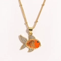 Detail of a gold-plated necklace featuring a koi fish pendant set with sparkling crystals - Orange Goldfish