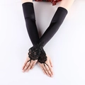 Long black satin fingerless bridal gloves with lace embroidery and sequin details - Black