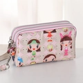 Roze mini-telefoontasje van canvas met 3 ritsen, cartoonmeisje-print en polsbandje - Roze Glimlach Groot