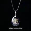 Blue sandstone teardrop necklace with a golden tree of life inlay and black cord - Tree of Life Blue Goldstone Pendant