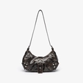 Retro dark brown crocodile pattern shoulder bag with rivet details and metallic buckles - Smooth Coffee