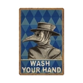 Vintage Plague Doctor tin sign poster with 'Wash Your Hands' text and rustic blue finish - 11740(34)