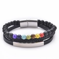 Close-up of multilayer leather bracelet with black lava stones and magnetic metal clasp - 7 Chakra Stone Bracelet