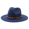 Detail of navy woven cowboy hat with brown leather belt and silver metal rivets - M (56-58cm) / Navy Blue