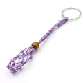Adjustable purple woven net keychain with a silver ring and natural wooden bead - Purple
