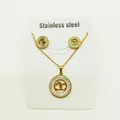 Golden stainless steel jewelry set featuring circular interlocking hearts with crystal pavé - Interlocking Double Heart / Gold