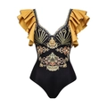 One-piece swimsuit with black gold baroque lion print and yellow ruffled sleeves - S / Yellow Ruffle One-piece Swimsuit