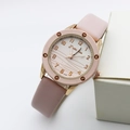 Elegant women's quartz watch with pink leather strap and rose gold wave dial - Pink