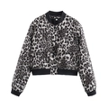 Detail of leopard print bomber jacket featuring front flap pockets and ribbed stand collar - XS / Black and White Animal Print