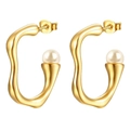 Golden irregular wave hoop earrings with inlaid white pearls for a luxury look - Irregular Wave Shape Pearl Inlay (MS-295)
