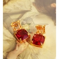 Luxurious square red zircon earrings with gold plating and champagne stones - Double Layer Square Ruby Style / Style 2