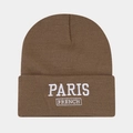 Detailed view of white PARIS FRENCH embroidery on a brown knit beanie with texture - One Size / Khaki