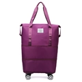 Purple foldable travel bag with spinner wheels, waterproof fabric and fashion label - Fuschia