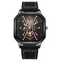 Detail of square black watch with rose gold gears, black leather strap, and white stitching - Black Case White Stitching Black Strap