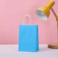 Close-up of a light blue kraft paper gift bag with white twisted handles on a desk - 15*11*6 / Light Blue