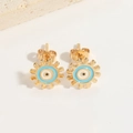 Golden evil eye gear stud earrings with light blue and white enamel accents - Blue Evil Eye