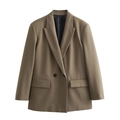 Losvallende kaki blazer met dubbele rij knopen, klassieke revers en handige klepzakken - XS / Olijfgroen