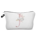 Detailed view of a white makeup bag featuring a pink floral alphabet J print design - Letter J Style