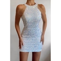White sequin halter mini dress with iridescent shimmer and slim fit for evening wear - S / Dresses / White