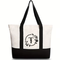 Canvas tote bag with black letter T floral print and contrasting black shoulder straps - Willow Floral Letter T / 46*12*31CM