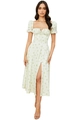 Summer puff sleeve floral dress in beige with a high slit and romantic square neckline - White Base Small Yellow Flower