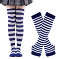 Close-up of blue and white striped over-the-knee socks and matching fingerless arm sleeves - Royal Blue Stripes