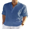 Detailed view of casual blue linen shirt featuring a mandarin collar and roll-up sleeves - S / Blue