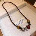 Vintage necklace with brown woven rope, tiger eye beads and red strawberry pendant - Red Strawberry Silver Alloy Flower Style (25#)