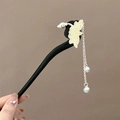 Forcina per capelli vintage in legno con fiori d'argento, perle e nappe Hanfu - Radice di Loto Nuvola Auspicabile