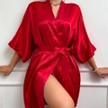 Elegant red satin silk short robe for women with V-neck design and matching waist tie belt - S / Red