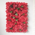 Lush red artificial flower wall panel featuring roses and hydrangeas for wedding decor - Red with Leaves Floral Panel