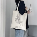 Minimalist beige canvas shoulder bag with artistic black cat graffiti and lettering - Cat Line Art Print / Beige