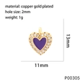 Detailed view of 11mm purple enamel heart pendant with white zircon and copper gold plating - P00305-Purple