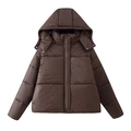 Chaqueta acolchada café oscuro para mujer con capucha y cuello alto elegante - S / Marrón