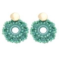 Handmade woven bead hoop earrings with green faceted beads and matte gold metal studs - Green