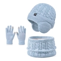 Kids winter 3-piece knit set with earflap hat, scarf, and touch gloves in light blue - 3-Piece Set - Two-Tone Light Green