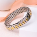 Elastic stainless steel bracelet with silver and gold square links and gold hearts - k1901-Silver Gold Embossed Heart