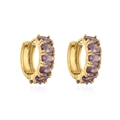 Detailed close-up of gold-plated hoop earrings with oval purple zircon gemstone inlays - Purple