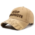 Distressed khaki baseball cap with DJOP OFSONGTE embroidery and street style ripped brim - Adjustable / Deep Beige