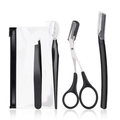 4-piece black stainless steel eyebrow grooming kit with scissors, tweezers, and comb - 65145 Black 4-Piece Set with Tweezers