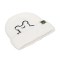 Close-up of white ribbed knit beanie featuring black bear embroidery and green side label - White