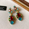 Détail de boucles d'oreilles vintage dorées avec gemmes multicolores sur base d'argent 925 - 44# Silver Earring Post - Puces d'Oreilles Carrées Goutte Riz Ovale Strass