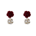 Deep red flocked rose earrings with sparkling rhinestone spheres on white background - E4862-1 Flocking Rose Rhinestone Ball Style